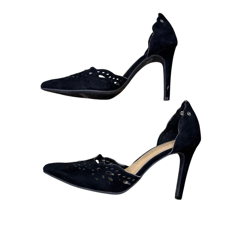 Christian Siriano Women's 9 Black Suede Eyelet High Heels, Ankle Lace Up Option - Picture 3 of 11